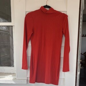 Urban Outfitters Orange Ribbed Mock Neck Long-Sleeve Dress